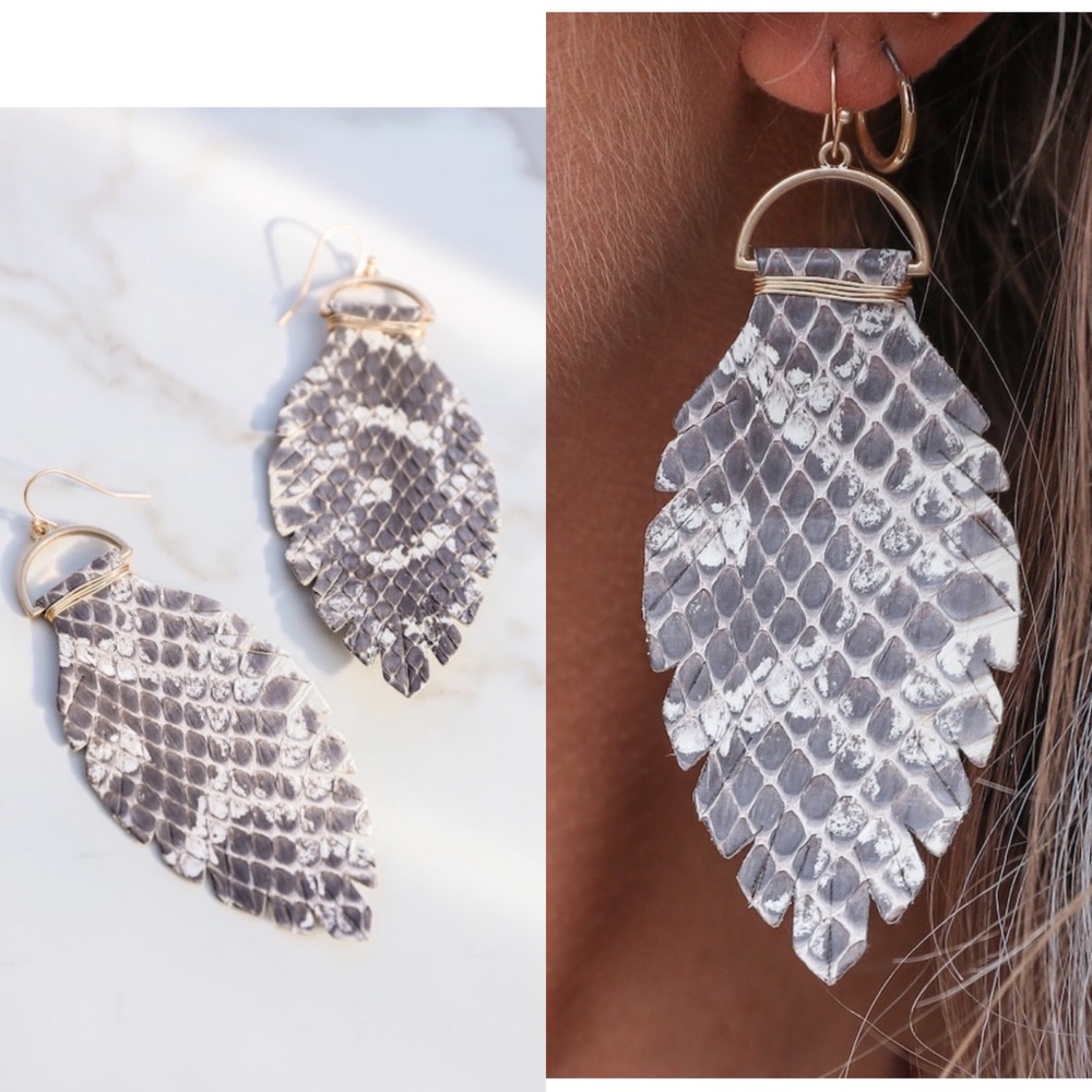 Ivory Leather Snakeskin Print Leaf Shaped Earrings